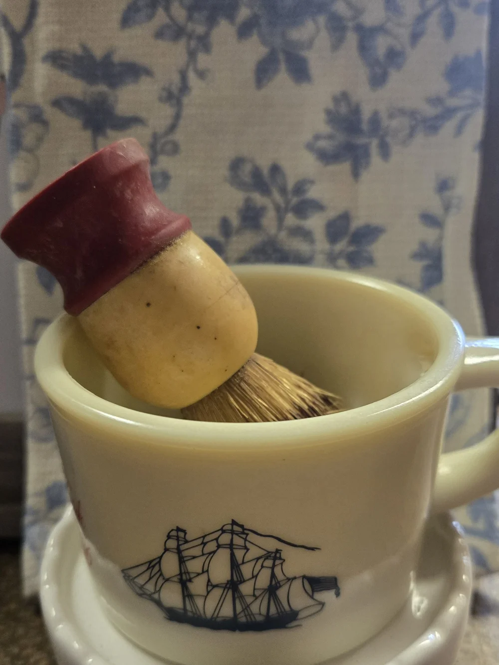 Vintage Yellow Porcelain Shaving Mug with Navy Ship Motif
